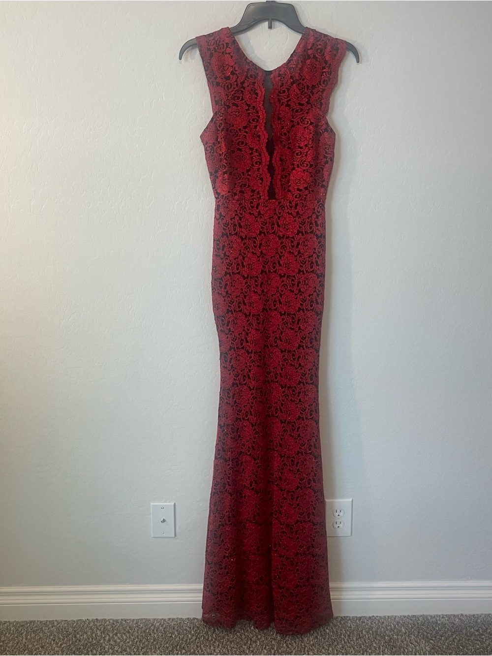 Viper Red Black Shimmer Lace Maxi Dress Prom Gown Size M